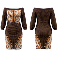 New Zealand Ta Moko Couples Matching Off The Shoulder Long Sleeve Dress and Hawaiian Shirt Aotearoa Maori Chest Tattoo Orange LT14 - Polynesian Pride