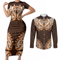 New Zealand Ta Moko Couples Matching Short Sleeve Bodycon Dress and Long Sleeve Button Shirt Aotearoa Maori Chest Tattoo Orange LT14 Orange - Polynesian Pride