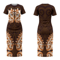 New Zealand Ta Moko Couples Matching Short Sleeve Bodycon Dress and Long Sleeve Button Shirt Aotearoa Maori Chest Tattoo Orange LT14 - Polynesian Pride