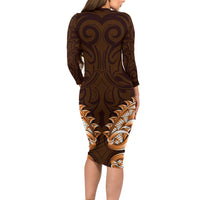 New Zealand Ta Moko Long Sleeve Bodycon Dress Aotearoa Maori Chest Tattoo Orange LT14 - Polynesian Pride