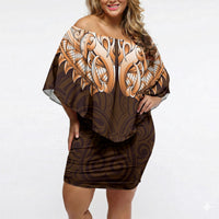 New Zealand Ta Moko Off Shoulder Short Dress Aotearoa Maori Chest Tattoo Orange LT14 Women Orange - Polynesian Pride