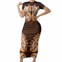 New Zealand Ta Moko Short Sleeve Bodycon Dress Aotearoa Maori Chest Tattoo Orange LT14 Long Dress Orange - Polynesian Pride
