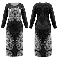 New Zealand Ta Moko Couples Matching Long Sleeve Bodycon Dress and Hawaiian Shirt Aotearoa Maori Chest Tattoo Black LT14 - Polynesian Pride