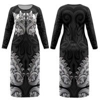 New Zealand Ta Moko Couples Matching Long Sleeve Bodycon Dress and Long Sleeve Button Shirt Aotearoa Maori Chest Tattoo Black LT14 - Polynesian Pride
