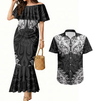 New Zealand Ta Moko Couples Matching Mermaid Dress and Hawaiian Shirt Aotearoa Maori Chest Tattoo Black LT14 Black - Polynesian Pride