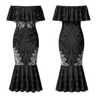 New Zealand Ta Moko Couples Matching Mermaid Dress and Long Sleeve Button Shirt Aotearoa Maori Chest Tattoo Black LT14 - Polynesian Pride