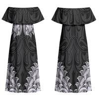 New Zealand Ta Moko Couples Matching Off Shoulder Maxi Dress and Hawaiian Shirt Aotearoa Maori Chest Tattoo Black LT14 - Polynesian Pride