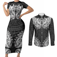 New Zealand Ta Moko Couples Matching Short Sleeve Bodycon Dress and Long Sleeve Button Shirt Aotearoa Maori Chest Tattoo Black LT14 Black - Polynesian Pride
