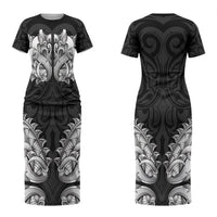 New Zealand Ta Moko Couples Matching Short Sleeve Bodycon Dress and Long Sleeve Button Shirt Aotearoa Maori Chest Tattoo Black LT14 - Polynesian Pride