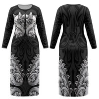 New Zealand Ta Moko Family Matching Long Sleeve Bodycon Dress and Hawaiian Shirt Aotearoa Maori Chest Tattoo Black LT14 Mom's Dress Black - Polynesian Pride
