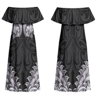 New Zealand Ta Moko Family Matching Off Shoulder Maxi Dress and Hawaiian Shirt Aotearoa Maori Chest Tattoo Black LT14 Mom's Dress Black - Polynesian Pride