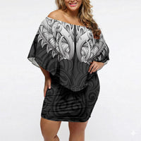 New Zealand Ta Moko Off Shoulder Short Dress Aotearoa Maori Chest Tattoo Black LT14 Women Black - Polynesian Pride