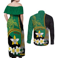 Personalised PNG Enga Provins Couples Matching Off Shoulder Maxi Dress and Long Sleeve Button Shirt Papua New Guinea Plumeria Melanesian Pattern - Polynesian Pride