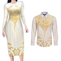 Gold White New Zealand Manta Ray Couples Matching Long Sleeve Bodycon Dress and Long Sleeve Button Shirt Aotearoa Maori Haehae - Polynesian Pride