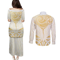 Gold White New Zealand Manta Ray Couples Matching Puletasi and Long Sleeve Button Shirt Aotearoa Maori Haehae - Polynesian Pride