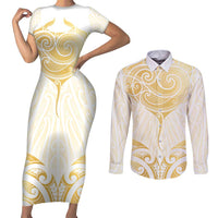 Gold White New Zealand Manta Ray Couples Matching Short Sleeve Bodycon Dress and Long Sleeve Button Shirt Aotearoa Maori Haehae - Polynesian Pride