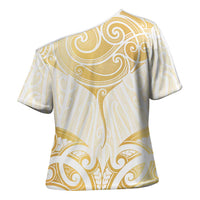 Gold White New Zealand Manta Ray Cross Shoulder Shirt Aotearoa Maori Haehae - Polynesian Pride