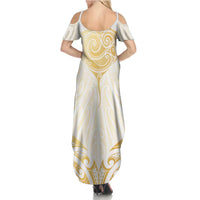 Gold White New Zealand Manta Ray Summer Maxi Dress Aotearoa Maori Haehae - Polynesian Pride