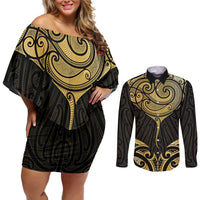 Gold Black New Zealand Manta Ray Couples Matching Off Shoulder Short Dress and Long Sleeve Button Shirt Aotearoa Maori Haehae - Polynesian Pride