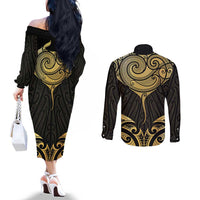 Gold Black New Zealand Manta Ray Couples Matching Off The Shoulder Long Sleeve Dress and Long Sleeve Button Shirt Aotearoa Maori Haehae - Polynesian Pride