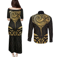 Gold Black New Zealand Manta Ray Couples Matching Puletasi and Long Sleeve Button Shirt Aotearoa Maori Haehae - Polynesian Pride