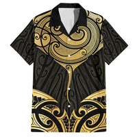 Gold Black New Zealand Manta Ray Family Matching Off Shoulder Short Dress and Hawaiian Shirt Aotearoa Maori Haehae - Polynesian Pride
