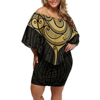 Gold Black New Zealand Manta Ray Family Matching Off Shoulder Short Dress and Hawaiian Shirt Aotearoa Maori Haehae - Polynesian Pride