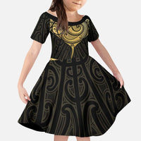 Gold Black New Zealand Manta Ray Kid Short Sleeve Dress Aotearoa Maori Haehae - Polynesian Pride
