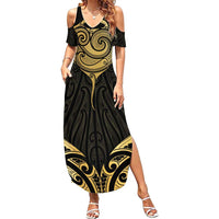 Gold Black New Zealand Manta Ray Summer Maxi Dress Aotearoa Maori Haehae - Polynesian Pride