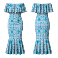 Polu Hawaii Iwa Bird Palaka Motifs Family Matching Mermaid Dress and Hawaiian Shirt LT14 Mom's Dress Blue - Polynesian Pride