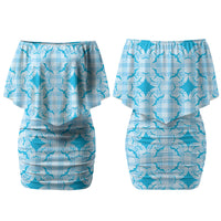 Polu Hawaii Iwa Bird Palaka Motifs Family Matching Off Shoulder Short Dress and Hawaiian Shirt LT14 Mom's Dress Blue - Polynesian Pride