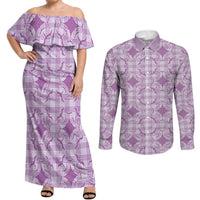 Poni Hawaii Iwa Bird Palaka Motifs Couples Matching Off Shoulder Maxi Dress and Long Sleeve Button Shirt LT14 Purple - Polynesian Pride