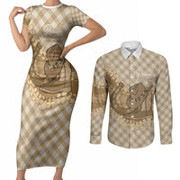 Makue Hawaii Cowboy Palaka Motifs Personalised Couples Matching Short Sleeve Bodycon Dress and Long Sleeve Button Shirt Paniolo Festival Puakenikeni Lei LT14 Brown - Polynesian Pride