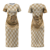 Makue Hawaii Cowboy Palaka Motifs Personalised Family Matching Short Sleeve Bodycon Dress and Hawaiian Shirt Paniolo Festival Puakenikeni Lei LT14 Mom's Dress Brown - Polynesian Pride