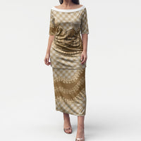 Makue Hawaii Cowboy Palaka Motifs Personalised Puletasi Paniolo Festival Puakenikeni Lei LT14 Long Dress Brown - Polynesian Pride
