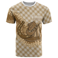 Makue Hawaii Cowboy Palaka Motifs Personalised T Shirt Paniolo Festival Puakenikeni Lei LT14 Brown - Polynesian Pride