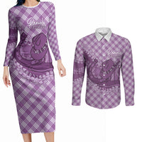 Poni Hawaii Cowboy Palaka Motifs Personalised Couples Matching Long Sleeve Bodycon Dress and Long Sleeve Button Shirt Paniolo Festival Puakenikeni Lei LT14 Purple - Polynesian Pride