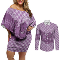 Poni Hawaii Cowboy Palaka Motifs Personalised Couples Matching Off Shoulder Short Dress and Long Sleeve Button Shirt Paniolo Festival Puakenikeni Lei LT14 Purple - Polynesian Pride