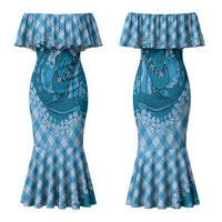 Polu Hawaii Cowboy Palaka Motifs Personalised Family Matching Mermaid Dress and Hawaiian Shirt Paniolo Festival Puakenikeni Lei LT14 Mom's Dress Blue - Polynesian Pride