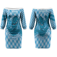 Polu Hawaii Cowboy Palaka Motifs Personalised Family Matching Off The Shoulder Long Sleeve Dress and Hawaiian Shirt Paniolo Festival Puakenikeni Lei LT14 Mom's Dress Blue - Polynesian Pride