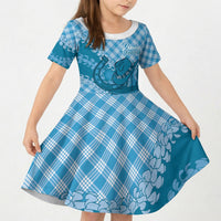 Polu Hawaii Cowboy Palaka Motifs Personalised Kid Short Sleeve Dress Paniolo Festival Puakenikeni Lei LT14 KID Blue - Polynesian Pride