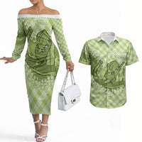 Omaomao Hawaii Cowboy Palaka Motifs Personalised Couples Matching Off The Shoulder Long Sleeve Dress and Hawaiian Shirt Paniolo Festival Puakenikeni Lei LT14 Green - Polynesian Pride