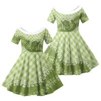 Omaomao Hawaii Cowboy Palaka Motifs Personalised Family Matching Off Shoulder Maxi Dress and Hawaiian Shirt Paniolo Festival Puakenikeni Lei LT14 Daughter's Dress Green - Polynesian Pride
