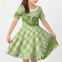 Omaomao Hawaii Cowboy Palaka Motifs Personalised Kid Short Sleeve Dress Paniolo Festival Puakenikeni Lei LT14 KID Green - Polynesian Pride