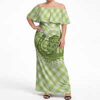 Omaomao Hawaii Cowboy Palaka Motifs Personalised Off Shoulder Maxi Dress Paniolo Festival Puakenikeni Lei LT14 Women Green - Polynesian Pride