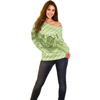 Omaomao Hawaii Cowboy Palaka Motifs Personalised Off Shoulder Sweater Paniolo Festival Puakenikeni Lei LT14 - Polynesian Pride