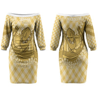 Melemele Hawaii Cowboy Palaka Motifs Personalised Family Matching Off The Shoulder Long Sleeve Dress and Hawaiian Shirt Paniolo Festival Puakenikeni Lei LT14 Mom's Dress Yellow - Polynesian Pride