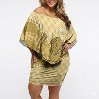 Melemele Hawaii Cowboy Palaka Motifs Personalised Off Shoulder Short Dress Paniolo Festival Puakenikeni Lei LT14 Women Yellow - Polynesian Pride
