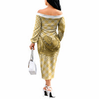 Melemele Hawaii Cowboy Palaka Motifs Personalised Off The Shoulder Long Sleeve Dress Paniolo Festival Puakenikeni Lei LT14 - Polynesian Pride