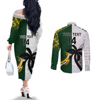 Custom South Africa And Fiji Rugby Couples Matching Off The Shoulder Long Sleeve Dress and Long Sleeve Button Shirts 2023 World Cup Fijian Tapa With Kente Pattern LT14 - Polynesian Pride